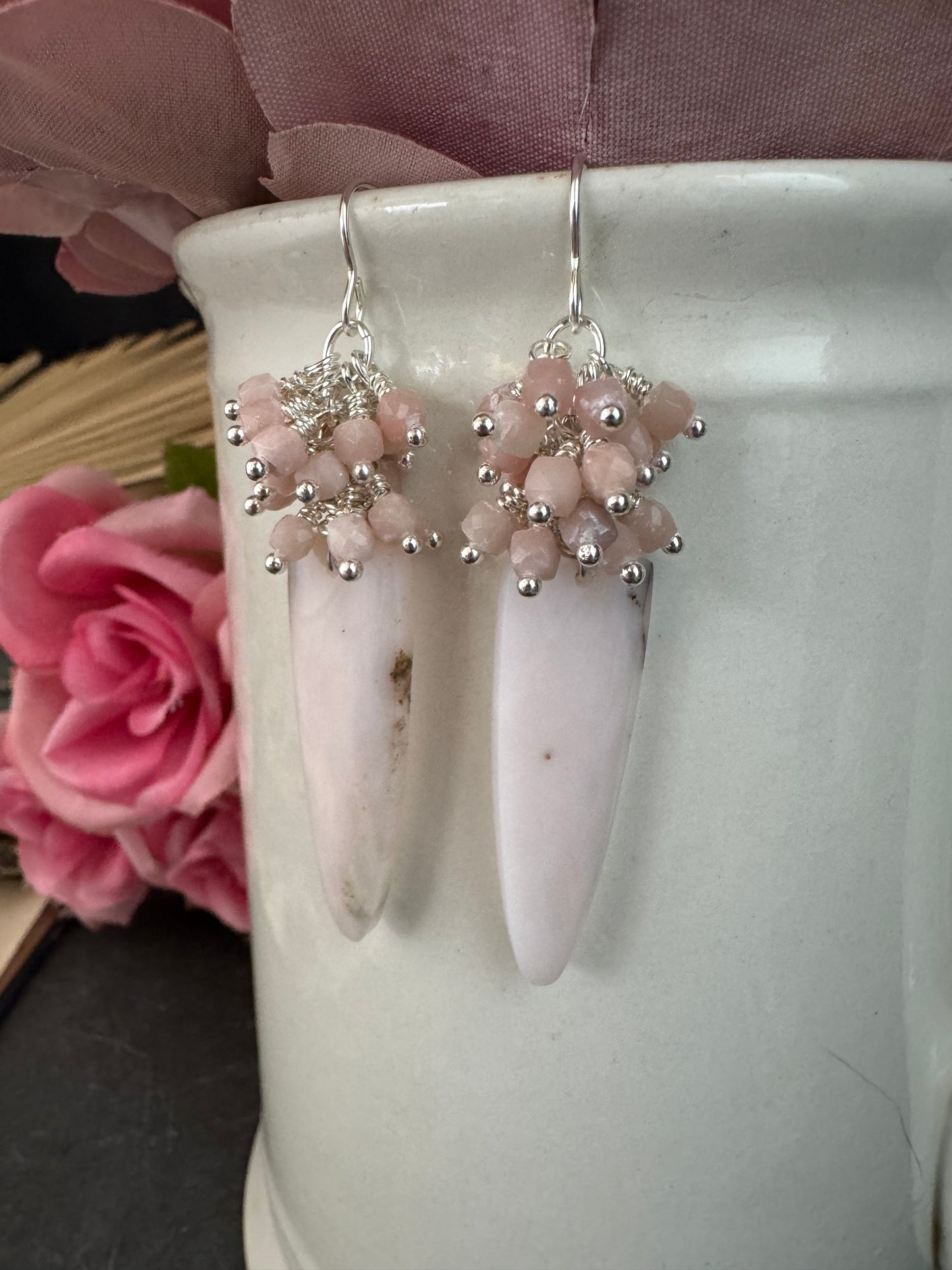 Pink opal stone, silver metal,  earrings