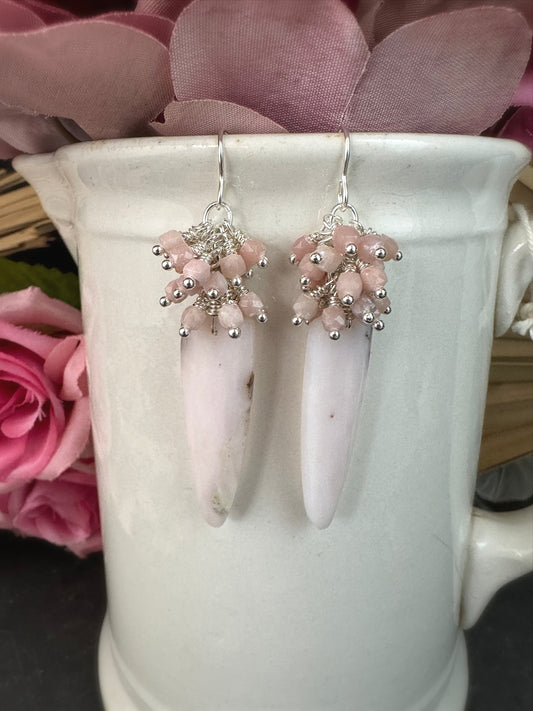 Pink opal stone, silver metal,  earrings