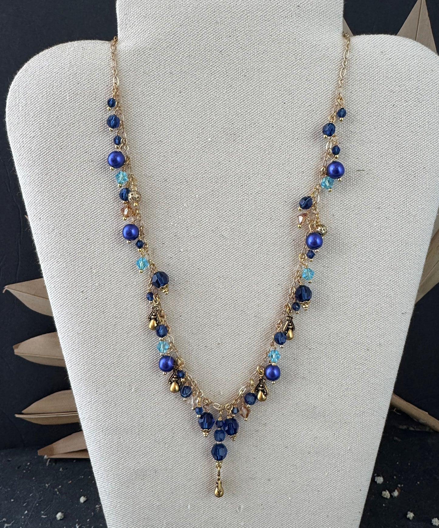 Blue sapphire crystal and pearl, gold necklace, jewelry