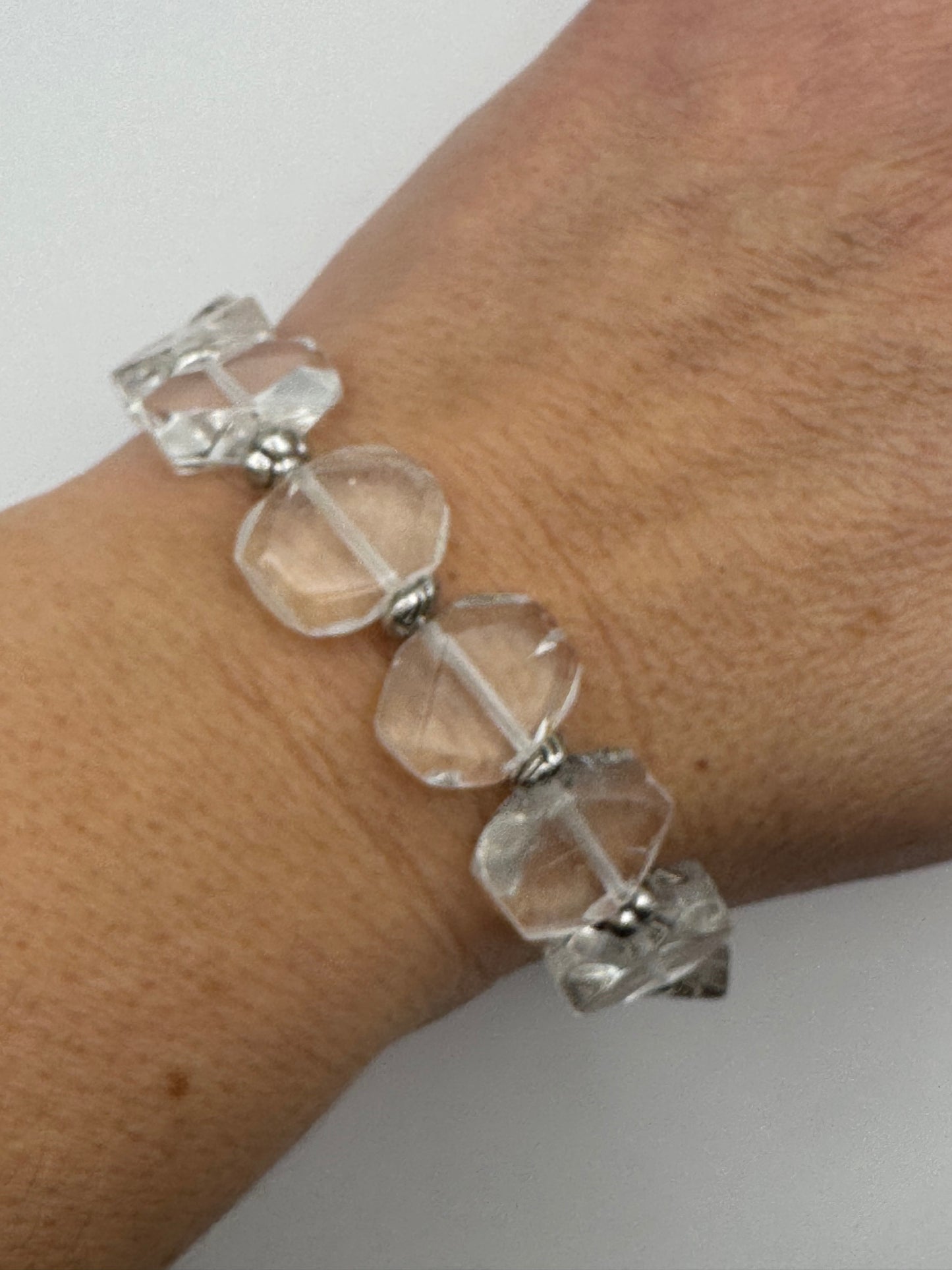 silver metal, rhinestone charm, clear quartz stone, bracelet.