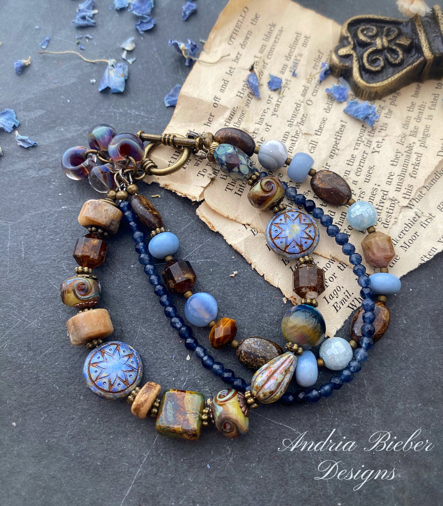 Bronzite, blue stone blend, czech glass, bracelet.