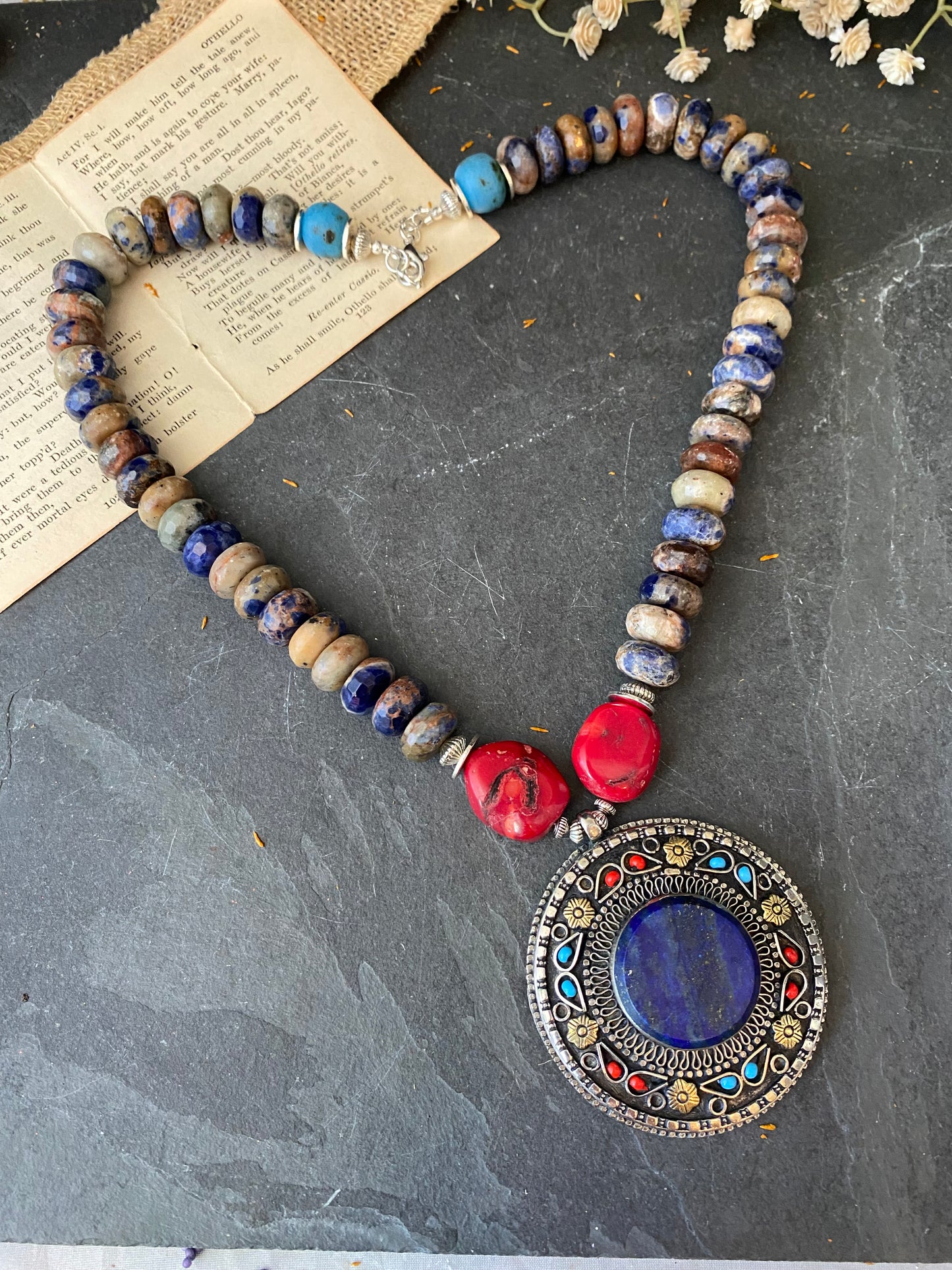 Lapis lazuli stone, sodalite stone, red coral, glass, necklace, silver metal, necklace, jewelry