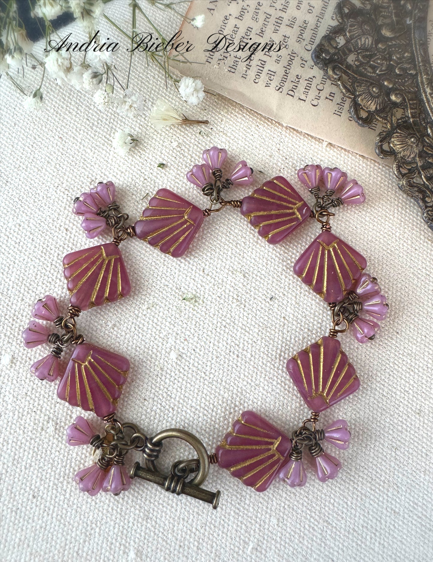 Pink Czech glass fans with pink flowers, bronze metal, bracelet