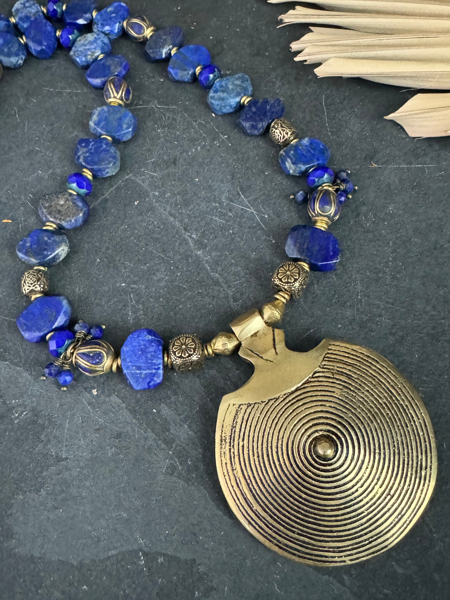 Lapis lazuli stone, Nepal beads, brass metal, necklace