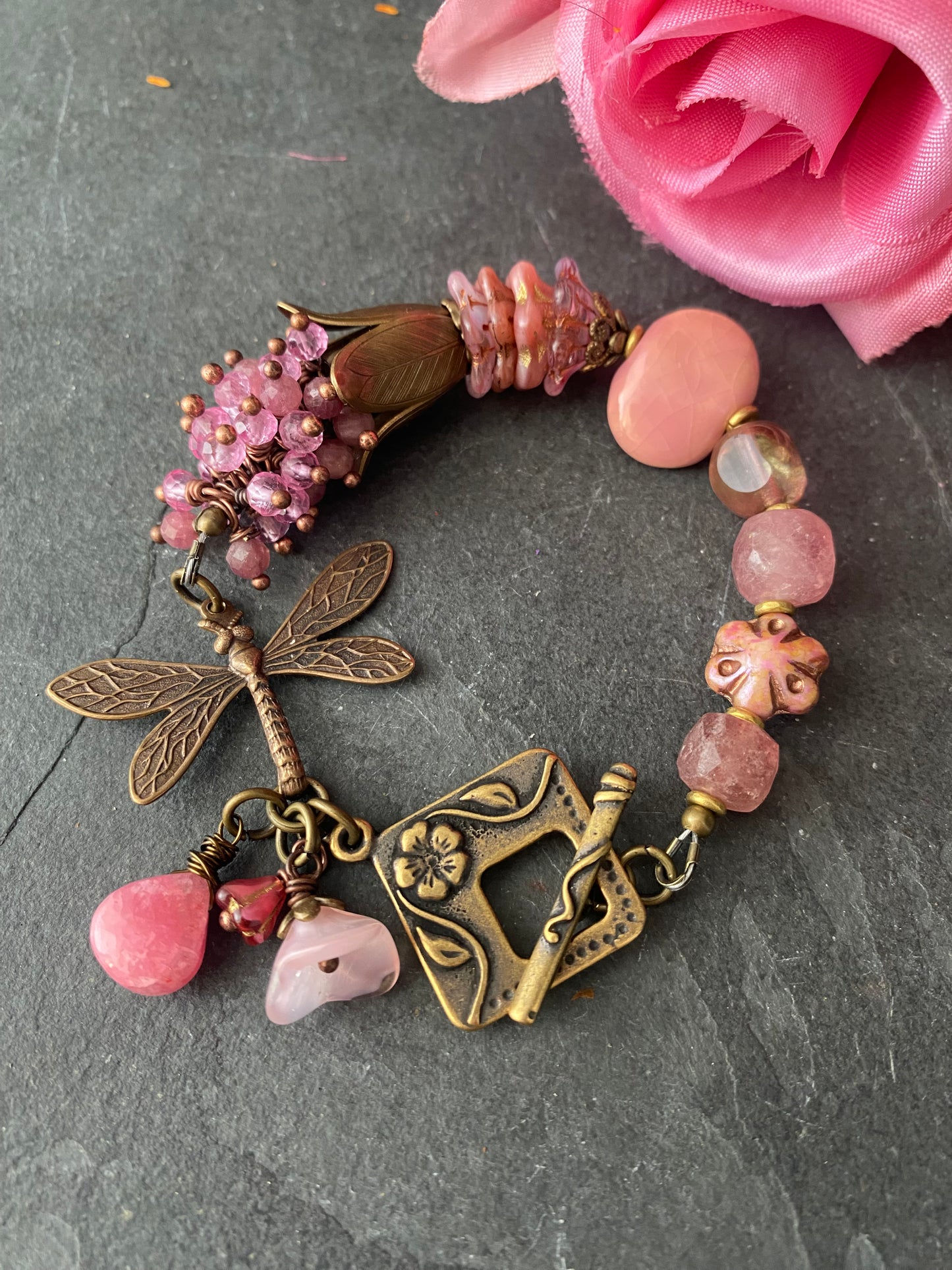 Pink tourmaline gemstone, ceramic, pink topaz, dragonfly, Czech glass, charm bracelet