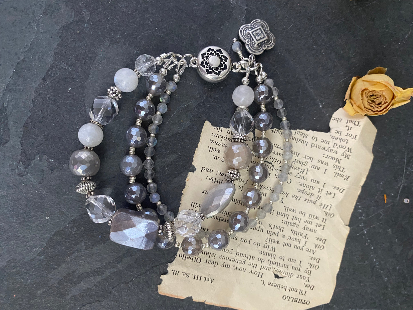 labradorite, grey moonstone, quartz, silver metal, bracelet, jewelry