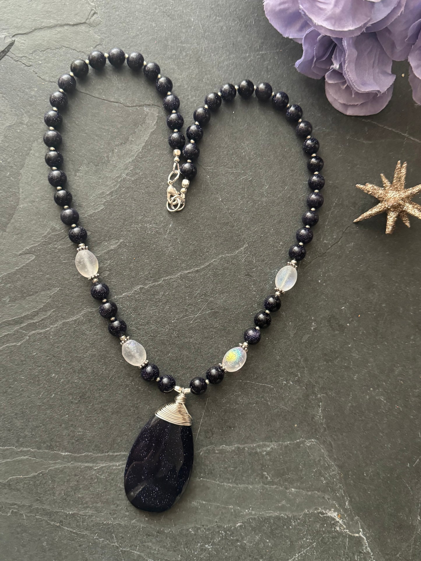 Purple goldstone and moonstone Czech glass necklace, jewelry