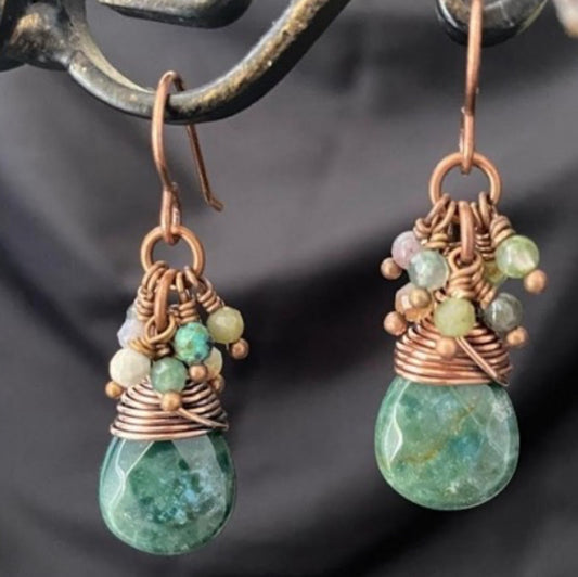 Green agate stone drops, copper metal earrings, jewelry.