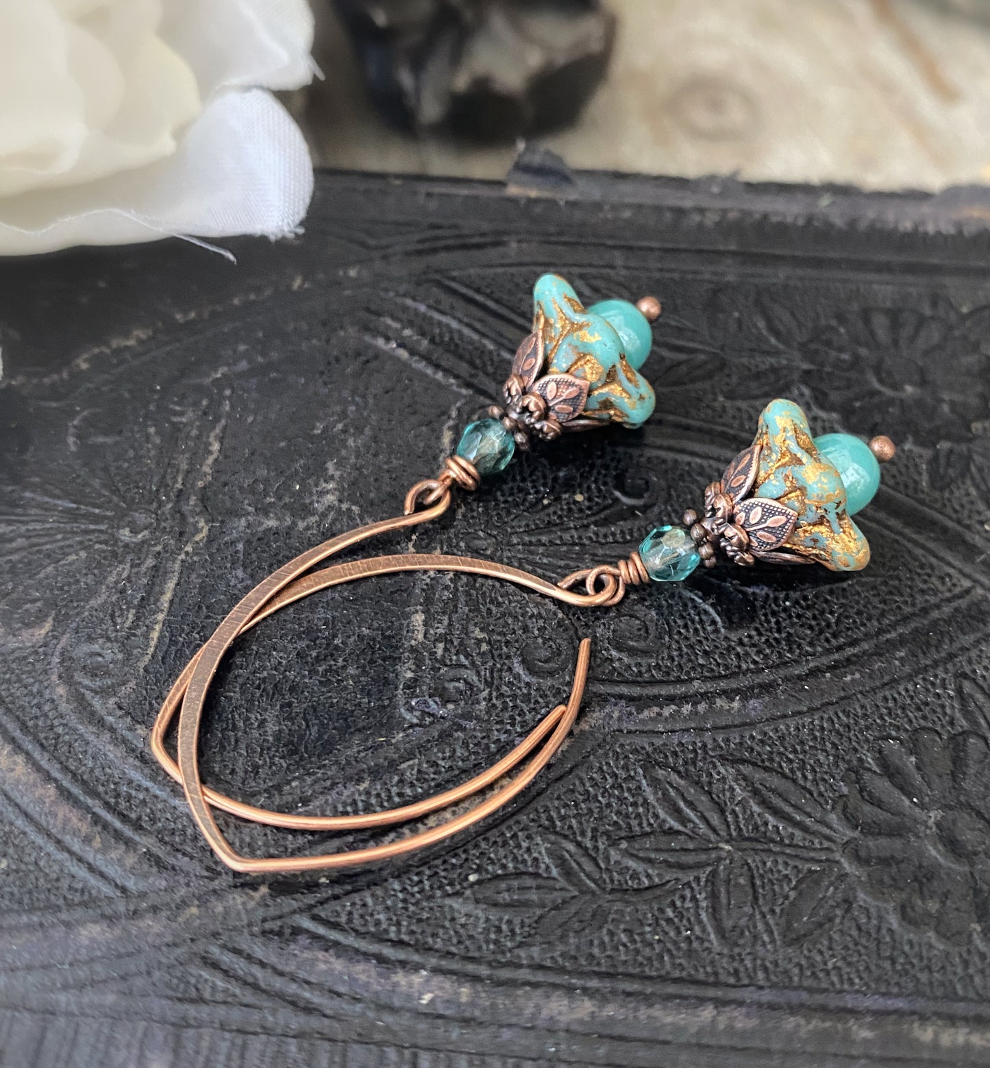 Turquoise Czech glass and pearls. Copper flower bead caps, bronze metal, earrings