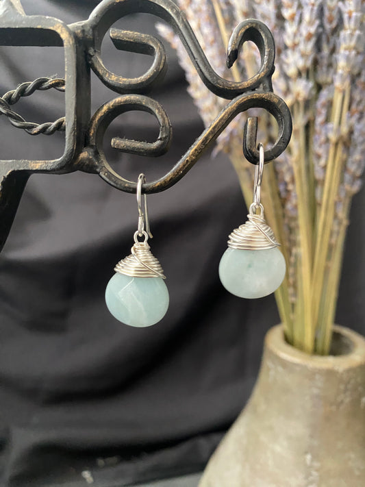 Amazonite  pear shape stone drops, sterling silver metal earrings, jewelry.