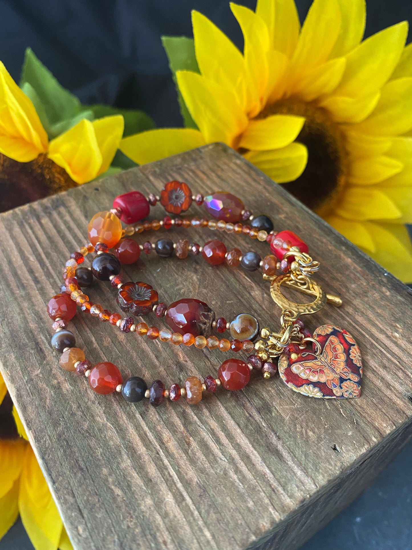 Carnelian, agate,  Czech glass, mixed stone, butterfly, gold metal, bracelet, jewelry