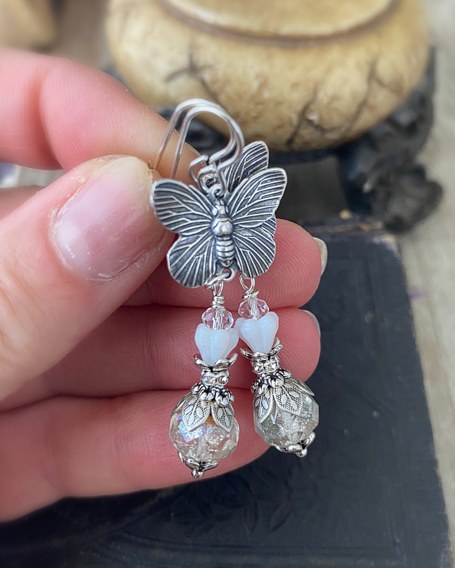 Silver butterfly charms, ab shiny Czech glass, Flower white czech glass, flower bead caps, silver metal, earrings