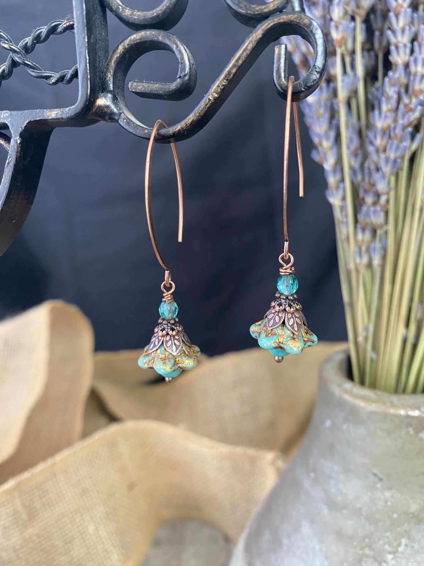 Turquoise Czech glass and pearls. Copper flower bead caps, bronze metal, earrings