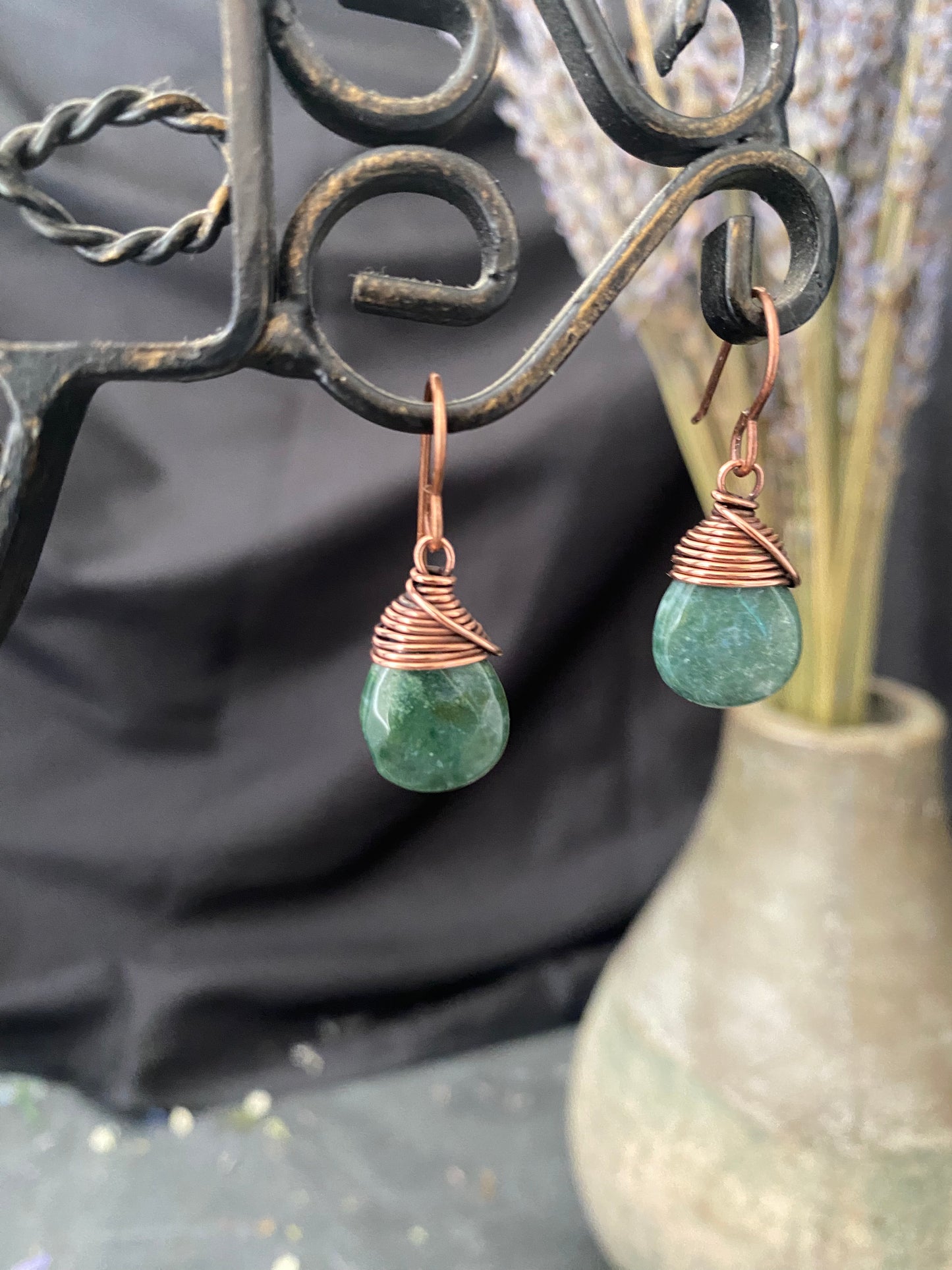 Green Jasper stone drops, copper metal earrings, jewelry.