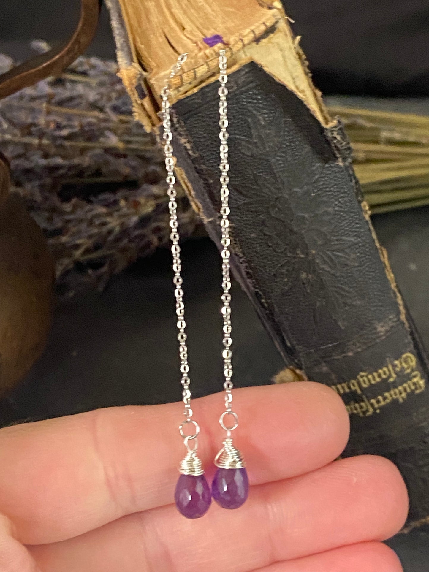 Stainless Steel threaders, amethyst stone, earrings