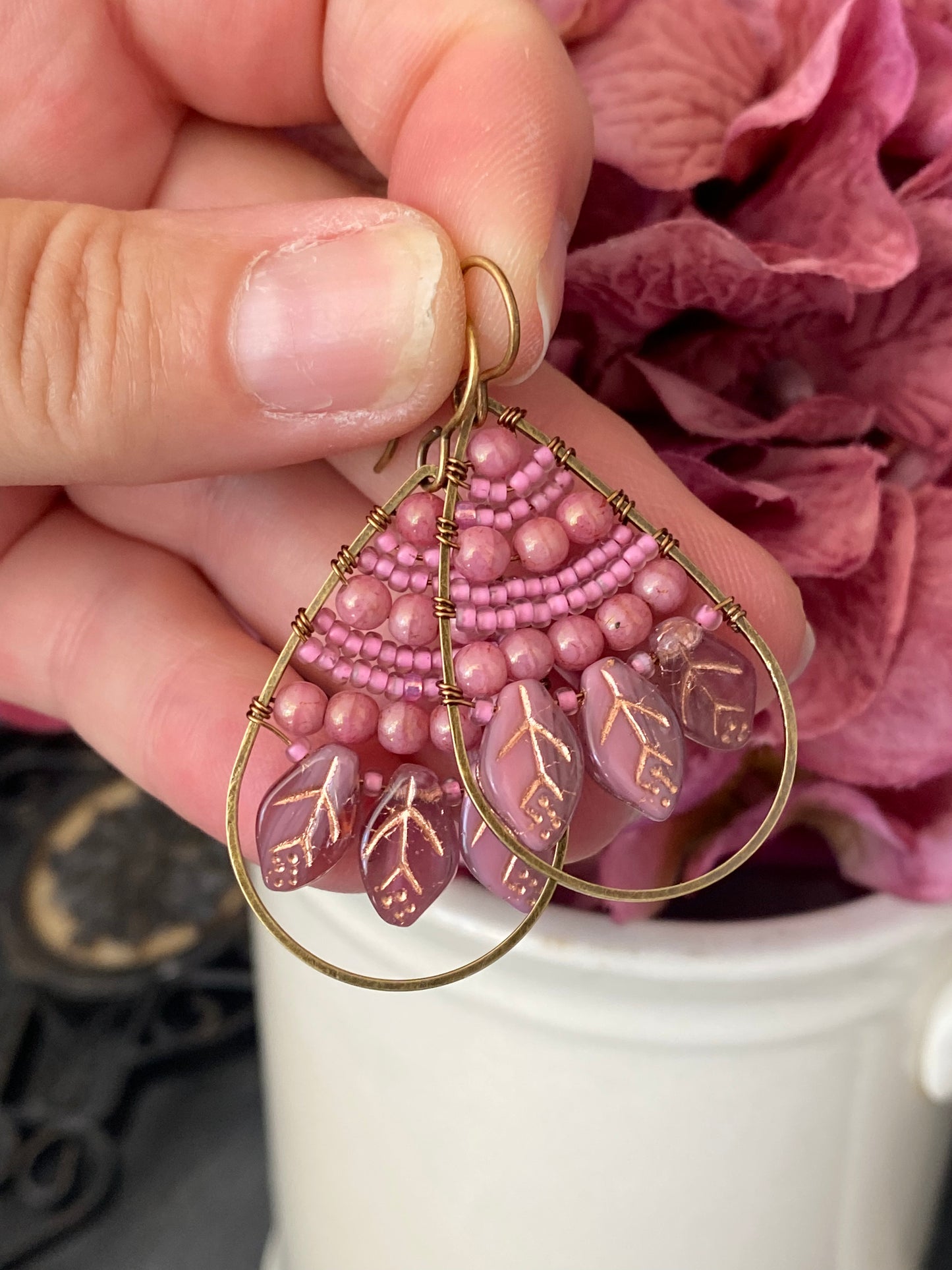 Pink Czech glass leaves, seed beads, hoop, wire wrapped, earrings