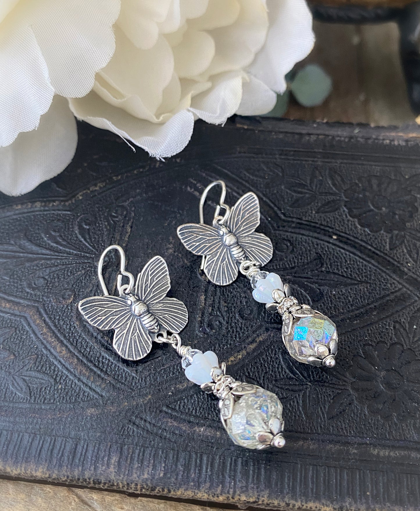 Silver butterfly charms, ab shiny Czech glass, Flower white czech glass, flower bead caps, silver metal, earrings