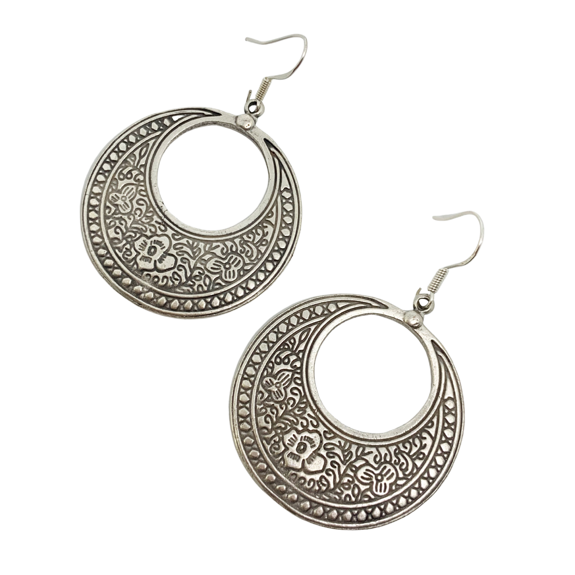 Flower detailed, silver metal hoop style earrings, jewelry – Andria ...