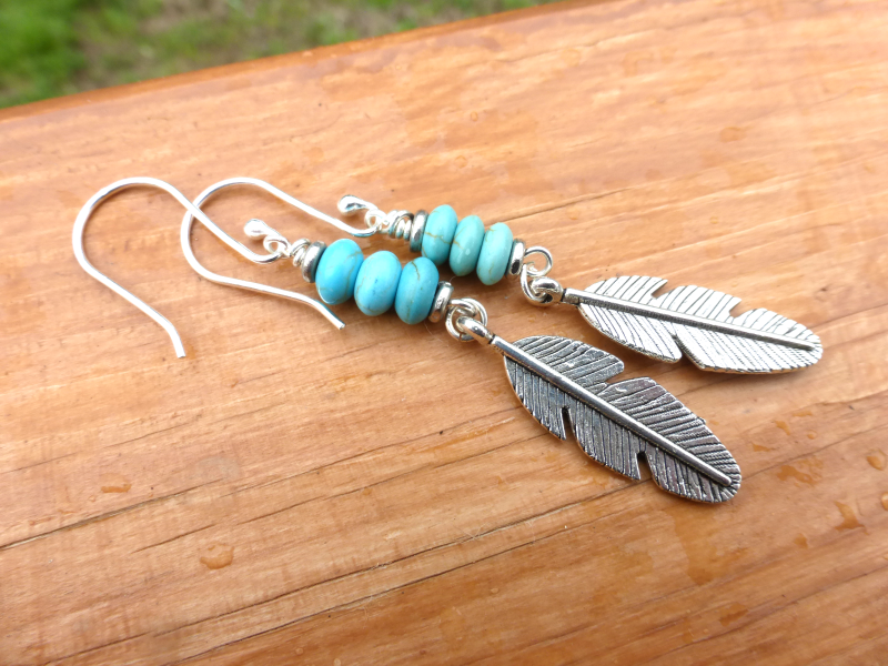 Eagle Feather Silver Earrings with Turquoise - Heart Mala Yoga Jewellery