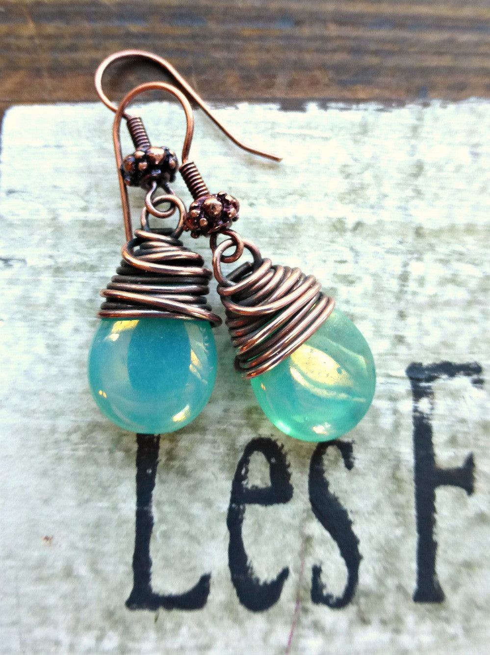 Teal green transparent Czech Picasso glass teardrop, copper wire wrapped earrings. - Andria Bieber Designs 