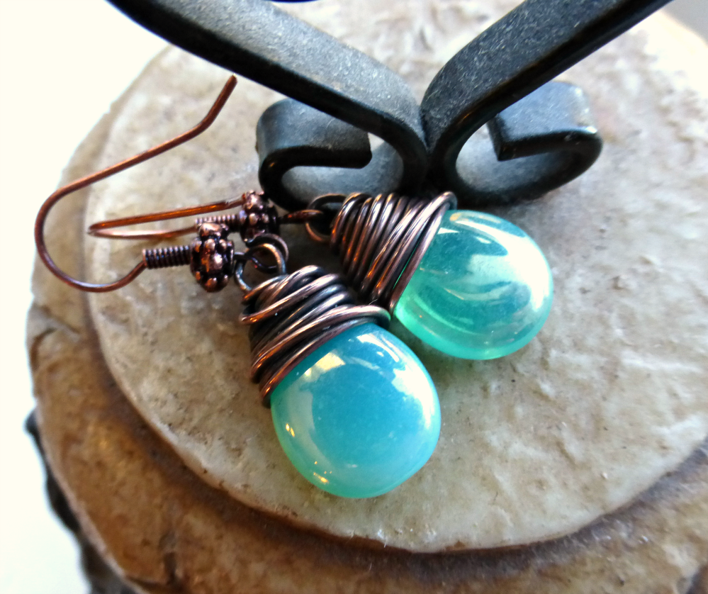 Teal green transparent Czech Picasso glass teardrop, copper wire wrapped earrings. - Andria Bieber Designs 