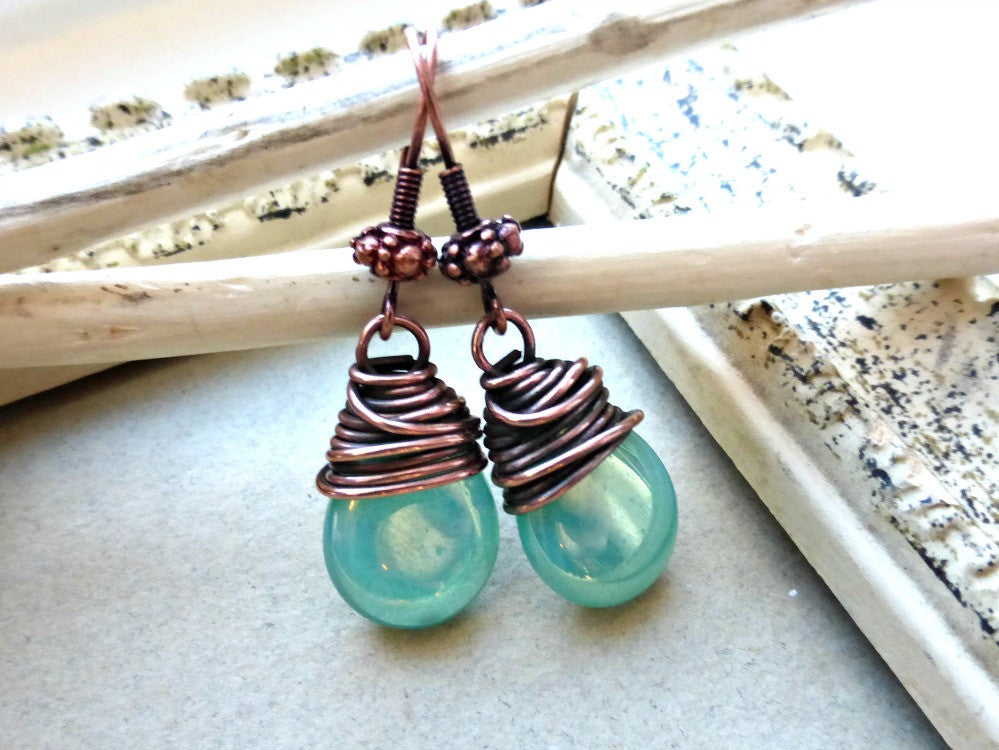 Teal green transparent Czech Picasso glass teardrop, copper wire wrapped earrings. - Andria Bieber Designs 