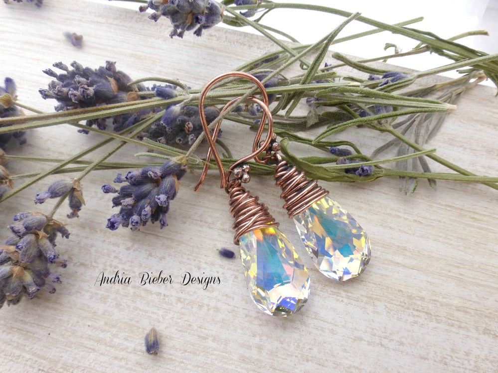 Copper Wire Wrapped, Swarovski Teardrop Crystal AB earrings. - Andria Bieber Designs 