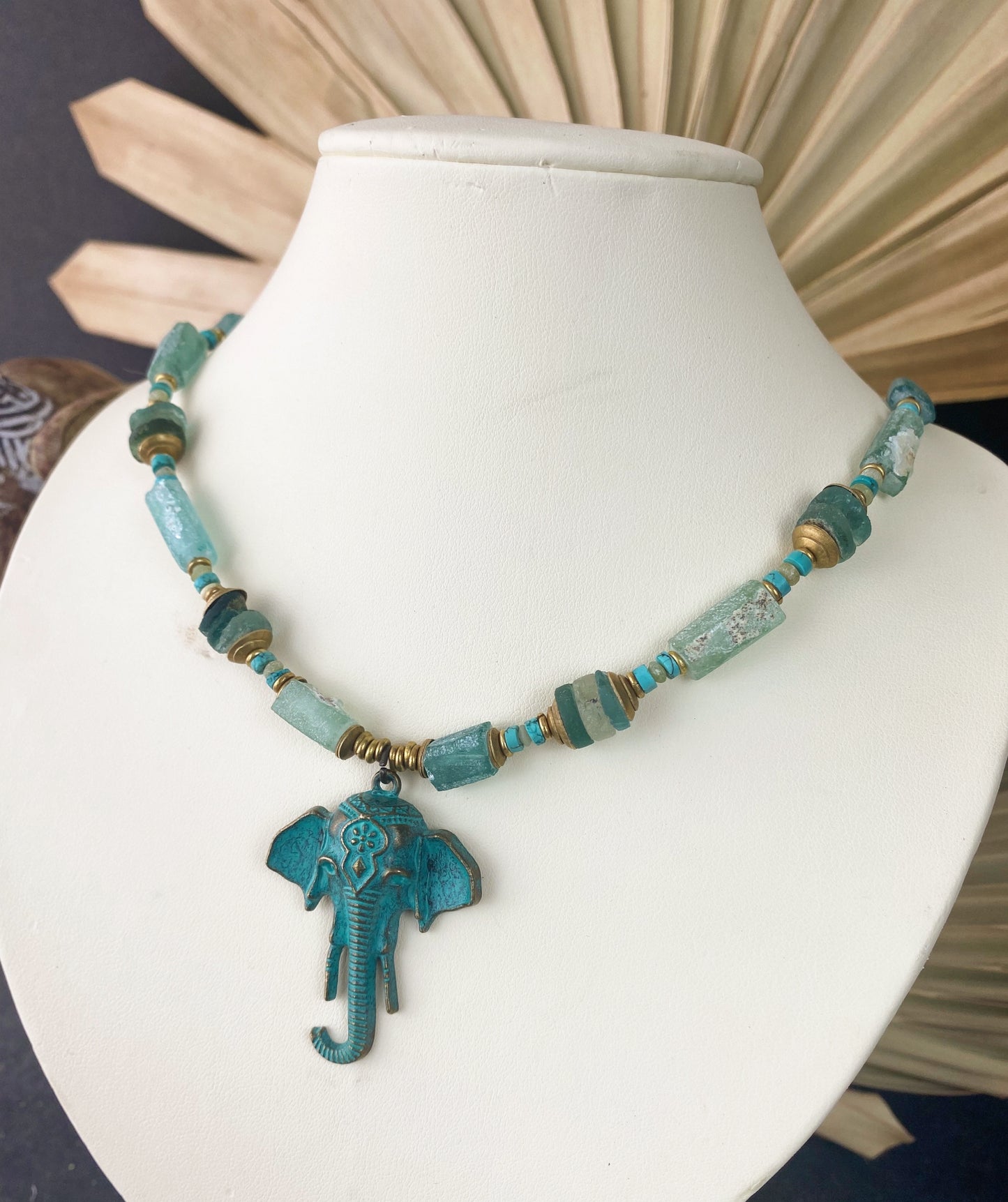 MTO. Safari. Genuine turquoise, mixed gemstone,  brass, elephant, necklace - Andria Bieber Designs 