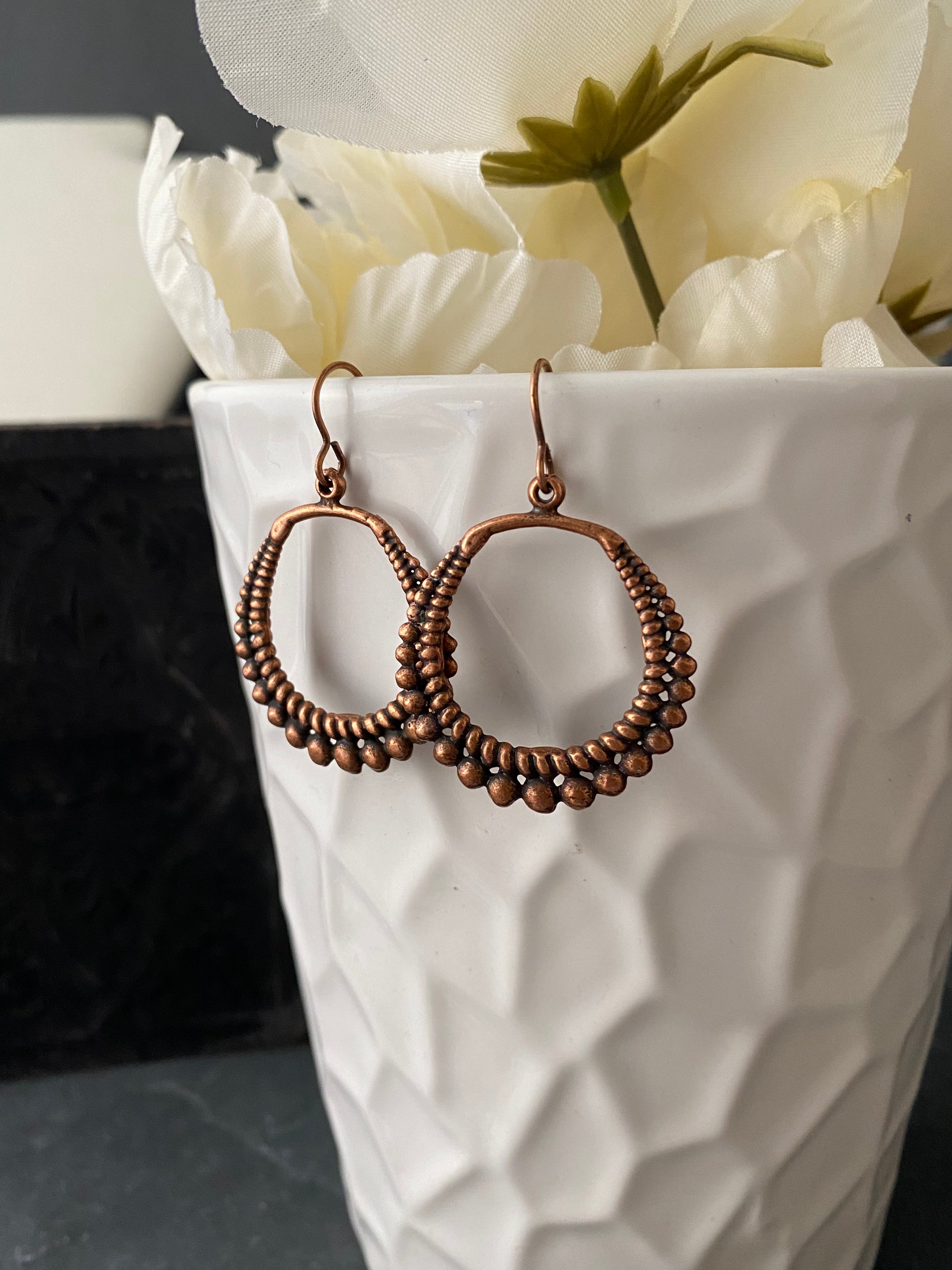 Dotted copper hoops. copper metal, earrings, jewelry. - Andria Bieber Designs 