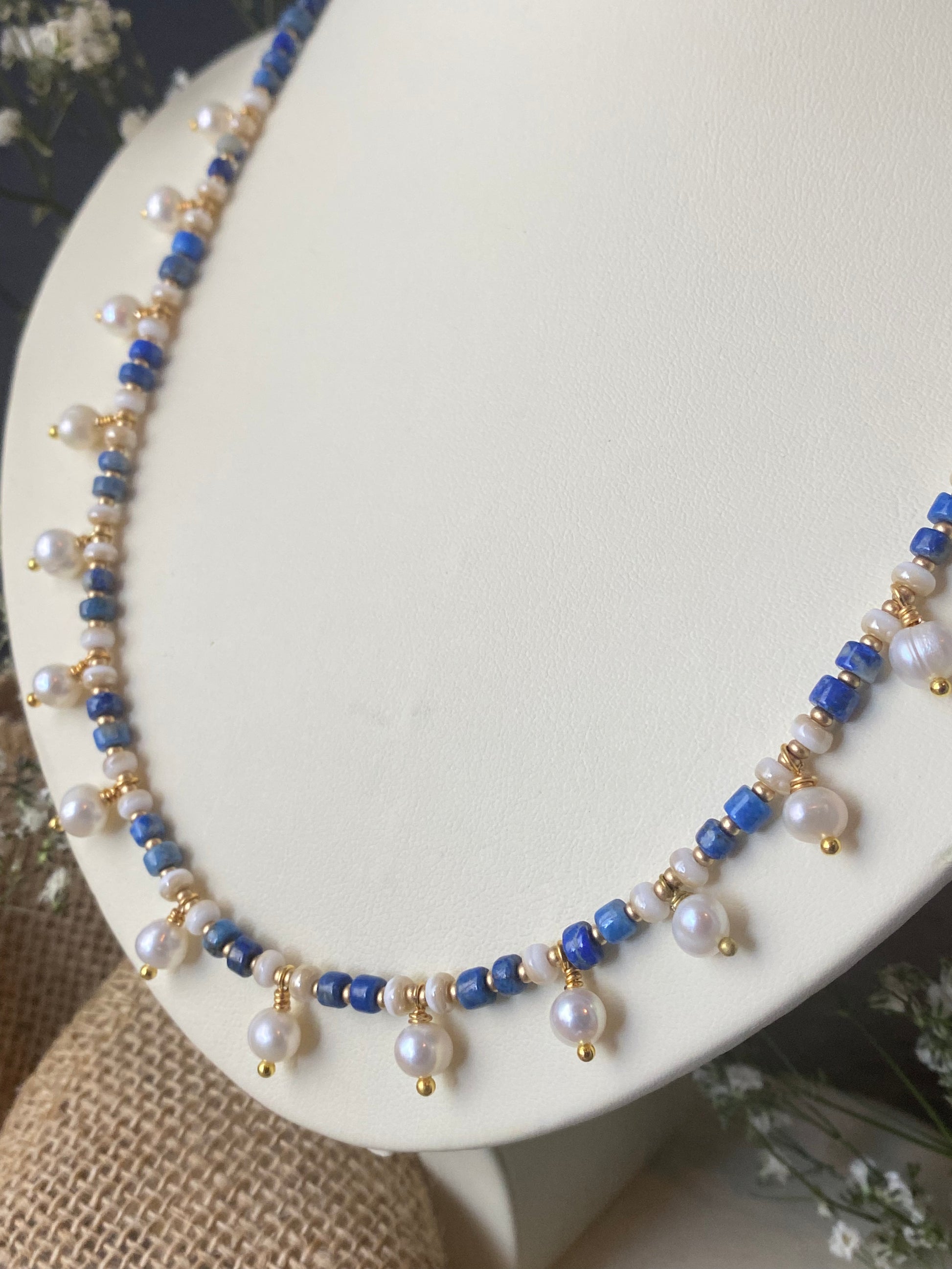 Lapis lazuli stone, freshwater pearls, gold 18k necklace, jewelry - Andria Bieber Designs 