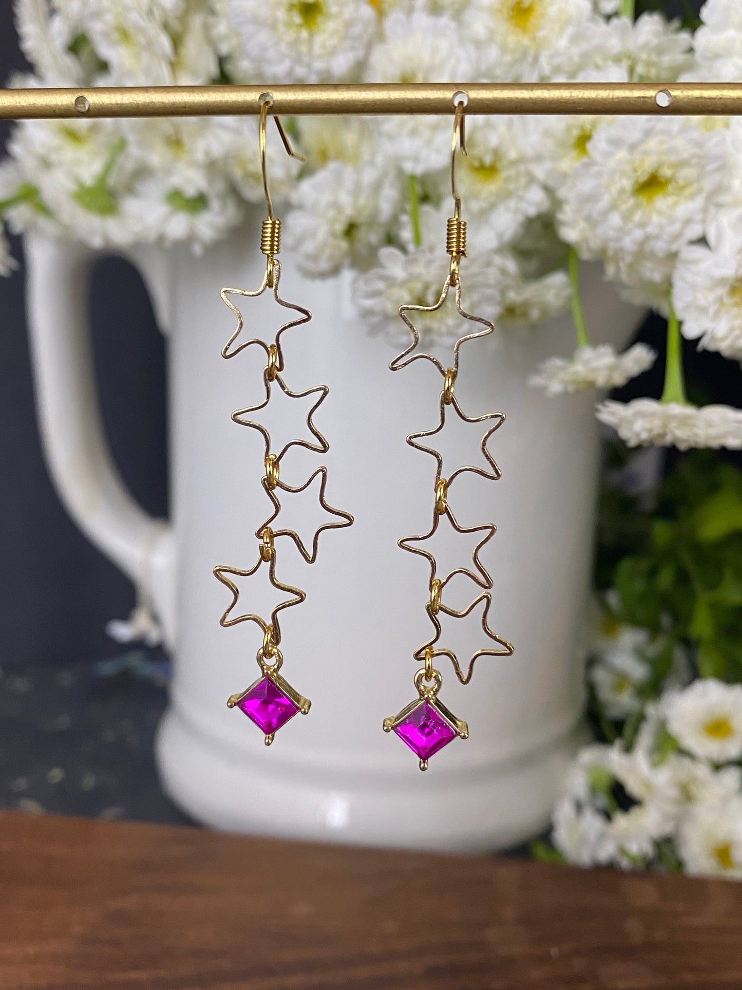 Gold star charms, pink crystal, earrings - Andria Bieber Designs 