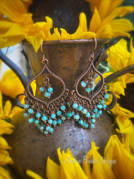 Chandeliers. Amazonite stone, copper metal earrings. - Andria Bieber Designs 