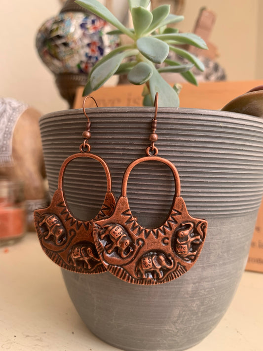 Elephant hoops, copper metal earrings - Andria Bieber Designs 