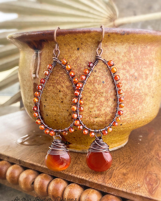 Orange leaves. Carnelian agate stone, copper metal, wire wrapped, earrings - Andria Bieber Designs 